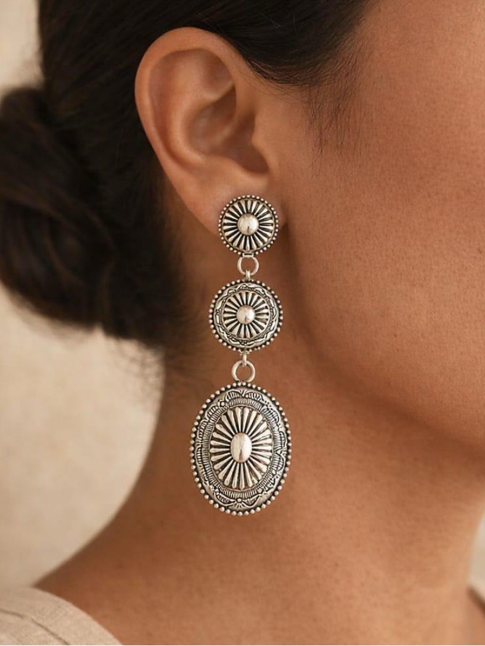 Silver Three-Disc Boho Drop Earrings